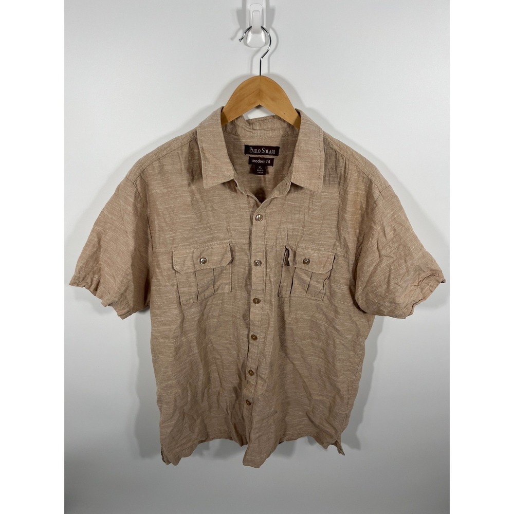 Mens Button Up Linen Cotton Blend XL Beige Short Sleeve‎ Euro Summer Lightweight
